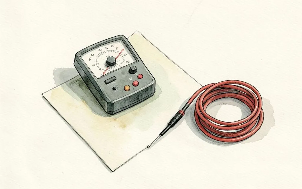 Watercolour illustration of an electrical test meter and coiled lead