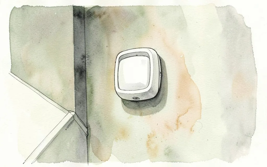 Watercolour illustration of a bulkhead emergency light on a stairwell wall