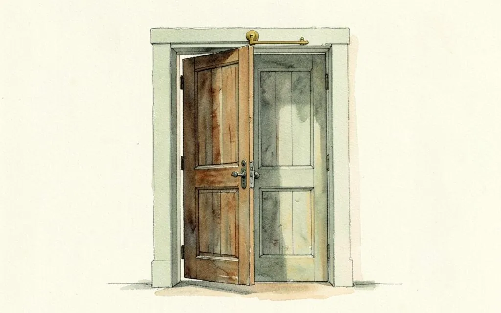 Watercolour illustration of a timber fire door with a closer arm