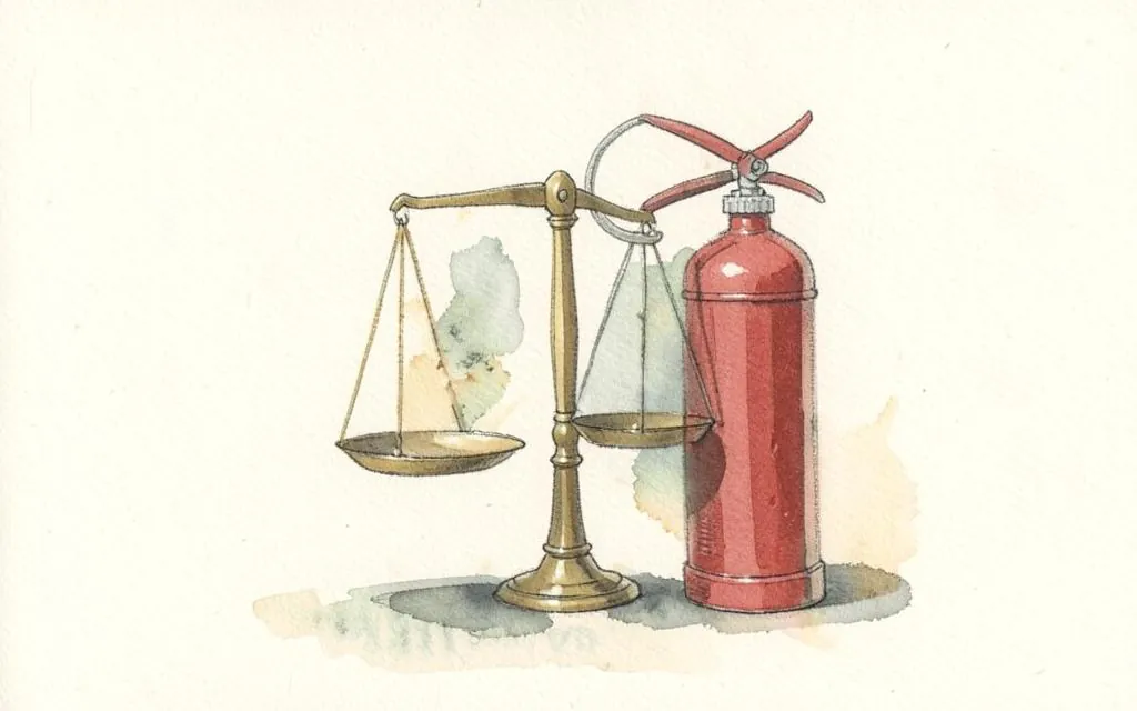 Watercolour illustration of a fire extinguisher beside brass scales