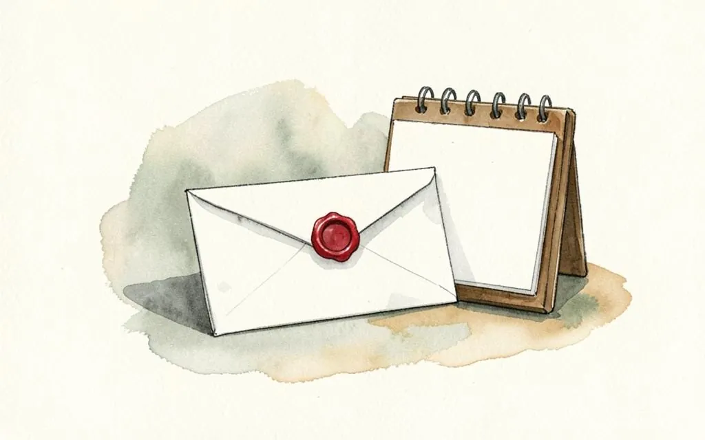 Watercolour illustration of a sealed notice envelope and desk calendar