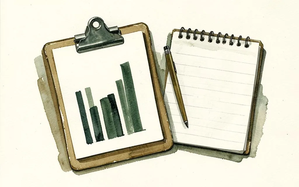 Watercolour illustration of a bar chart on a clipboard beside an inspection notepad