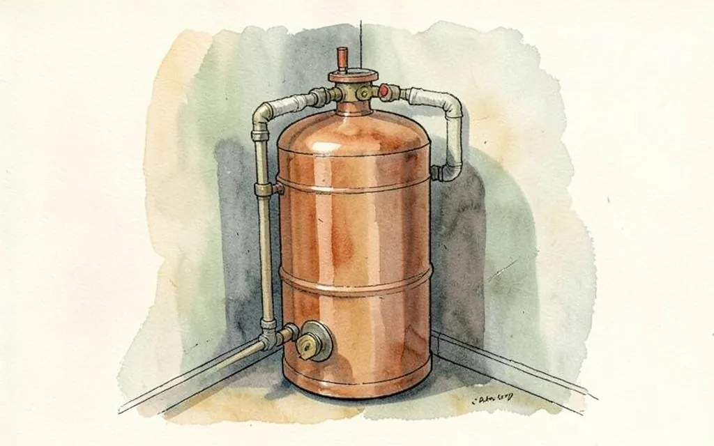 Watercolour illustration of a copper cylinder and lagged pipework