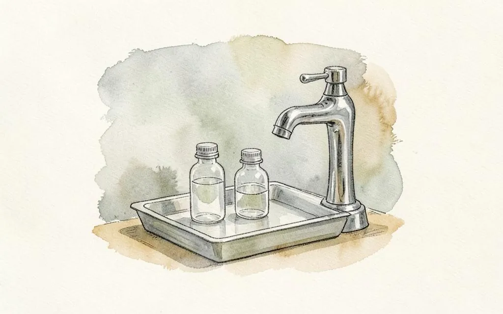 Watercolour illustration of water sample bottles beside a tap