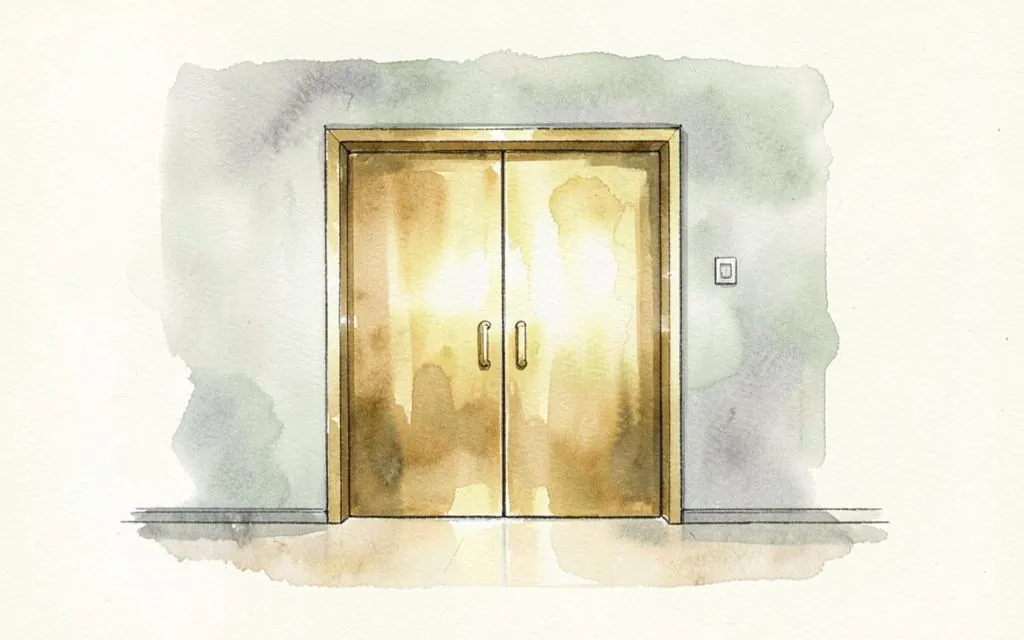 Watercolour illustration of brass lift landing doors