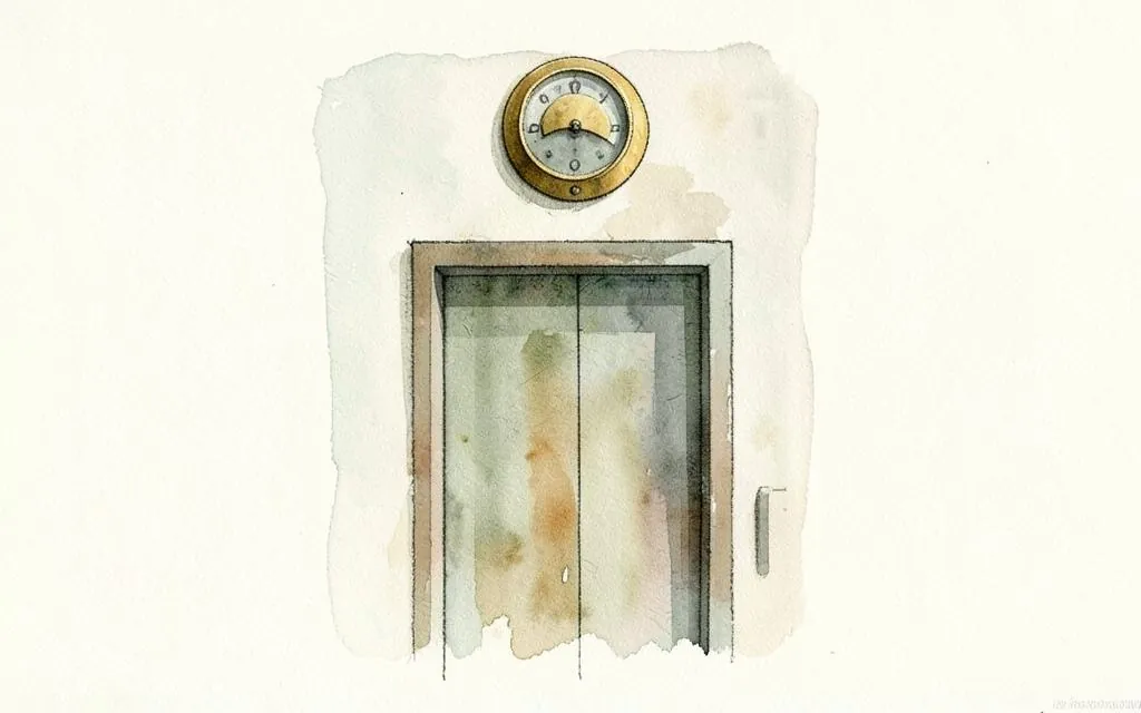 Watercolour illustration of an old brass lift floor indicator dial