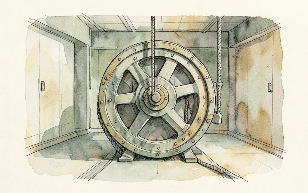 Watercolour illustration of a lift traction sheave and ropes