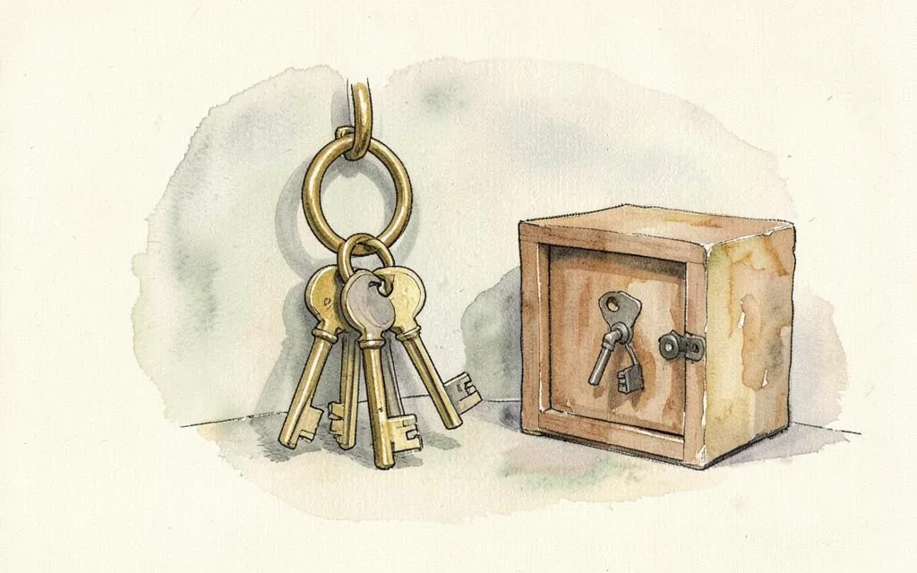 Watercolour illustration of building keys beside a key cabinet