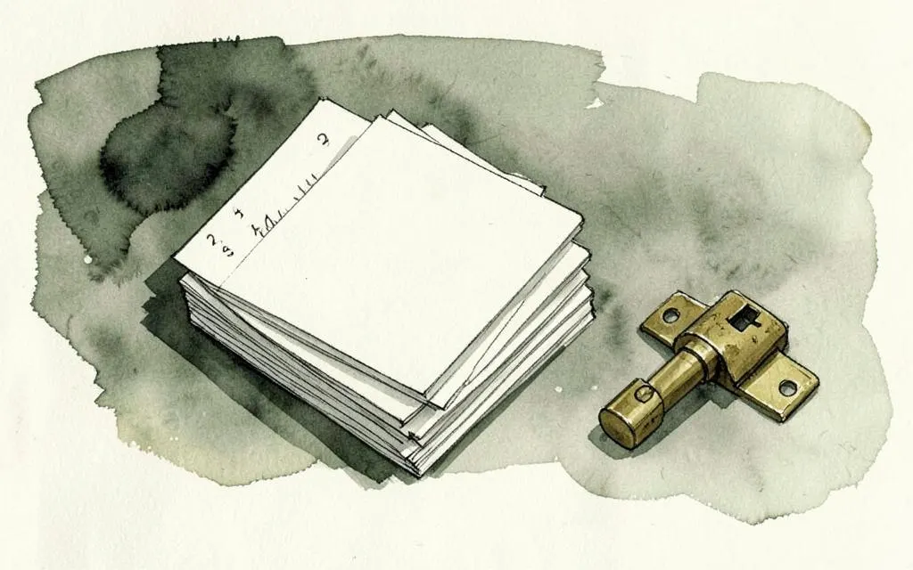 Watercolour illustration of a stack of index cards beside a brass door closer