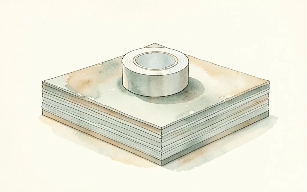 Watercolour illustration of fire rated board sheets and sealing tape