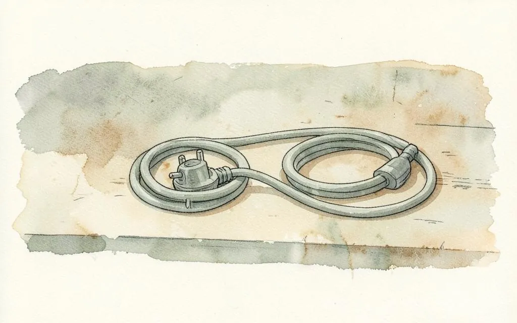 Watercolour illustration of a plug and coiled appliance lead