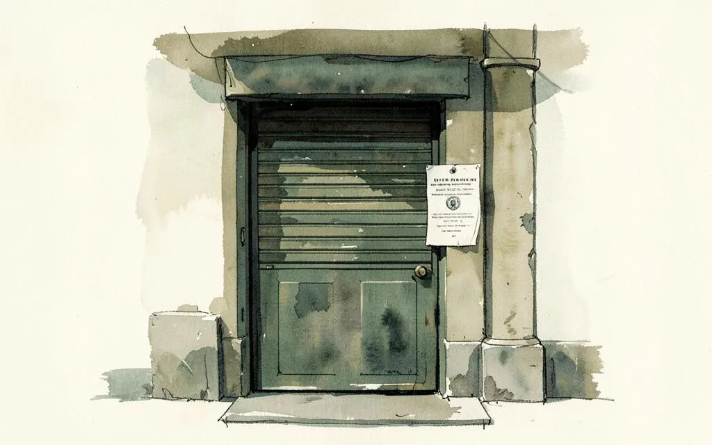 Watercolour illustration of a closed shutter with an official notice beside the door