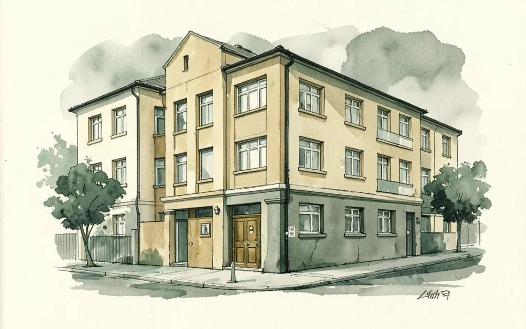 Watercolour illustration of a purpose-built block of flats seen from the street