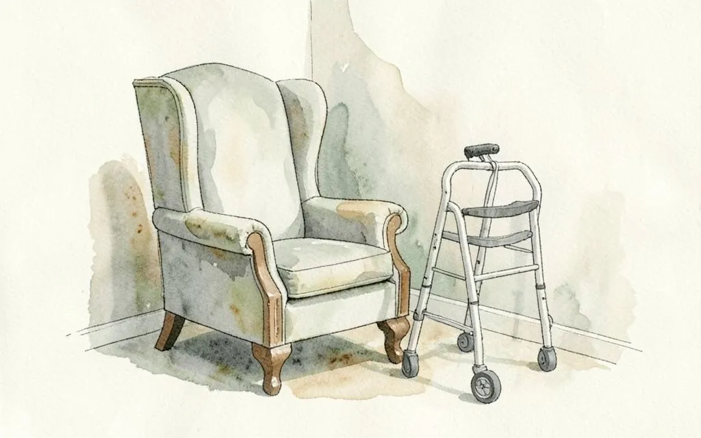 Watercolour illustration of a care home armchair and walking frame