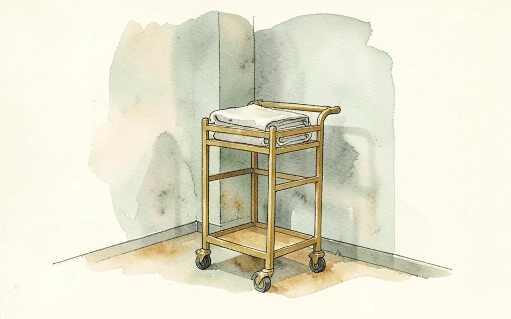 Watercolour illustration of a brass hotel luggage trolley