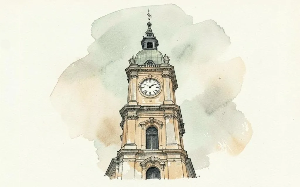 Watercolour illustration of a civic town hall clock tower