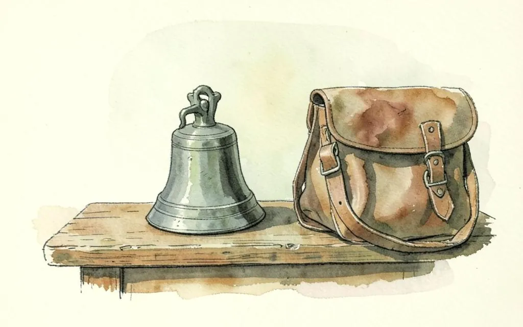 Watercolour illustration of a school hand bell and satchel