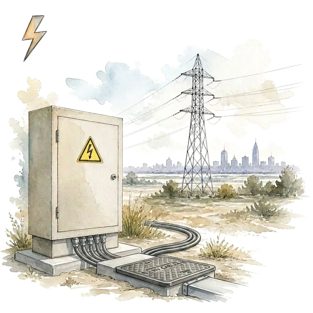 Watercolour illustration of a distribution board with contained cabling and an electrical warning symbol