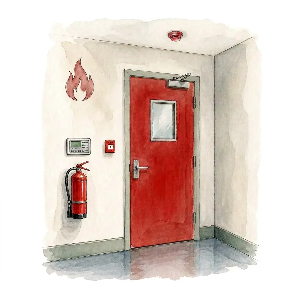 Watercolour illustration of a red glazed fire door, wall extinguisher, detector and fire monitoring panel