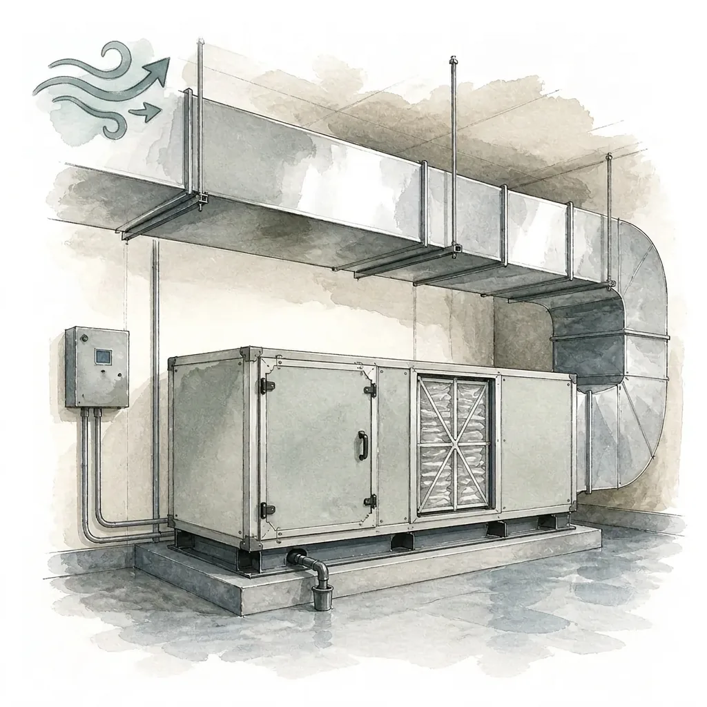 Watercolour illustration of an air handling unit with ductwork and a wall control panel