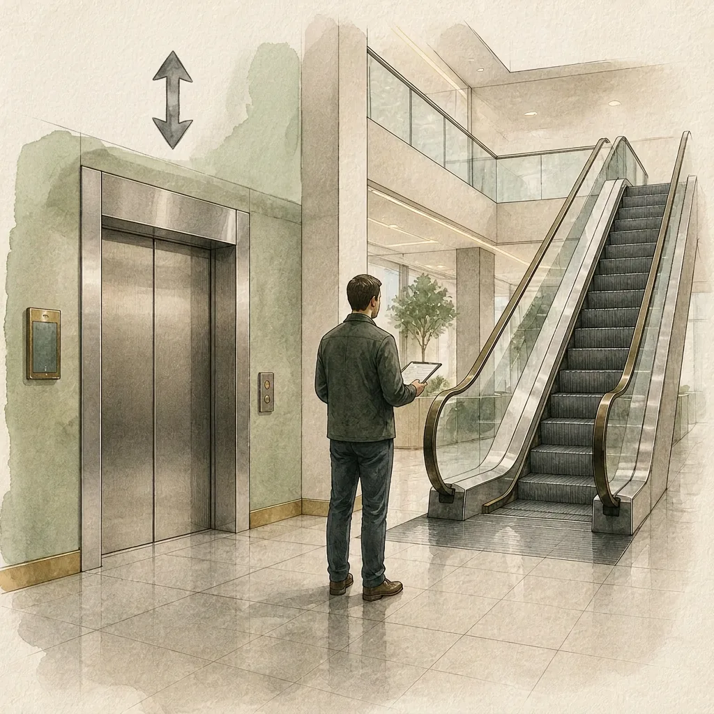 Watercolour illustration of a passenger lift landing beside an escalator
