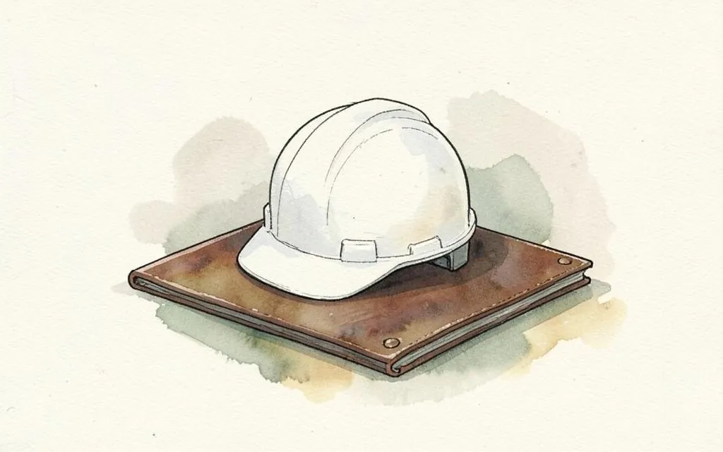 Watercolour illustration of a hard hat resting on a document folder