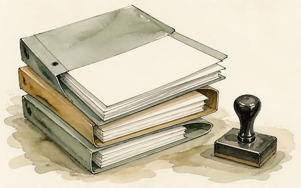 Watercolour illustration of compliance record folders and an inspection stamp