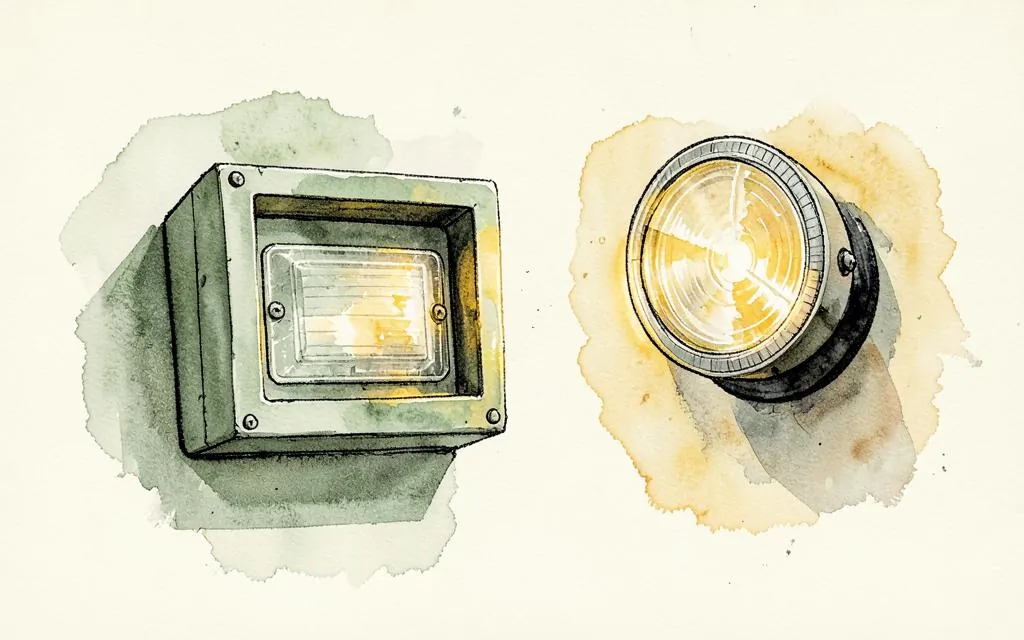 Watercolour illustration of emergency lighting units