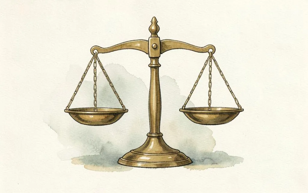Watercolour illustration of balanced brass scales